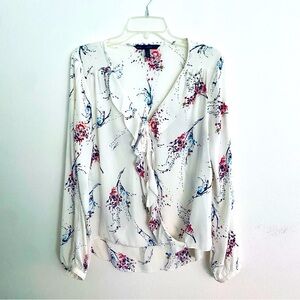 White House Black Market Floral Tie-Front Blouse - White and Pink